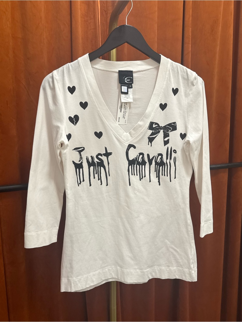 Just Cavalli White Quarter-Sleeve V-Neck Graphic Tee with Black Hearts & Bow